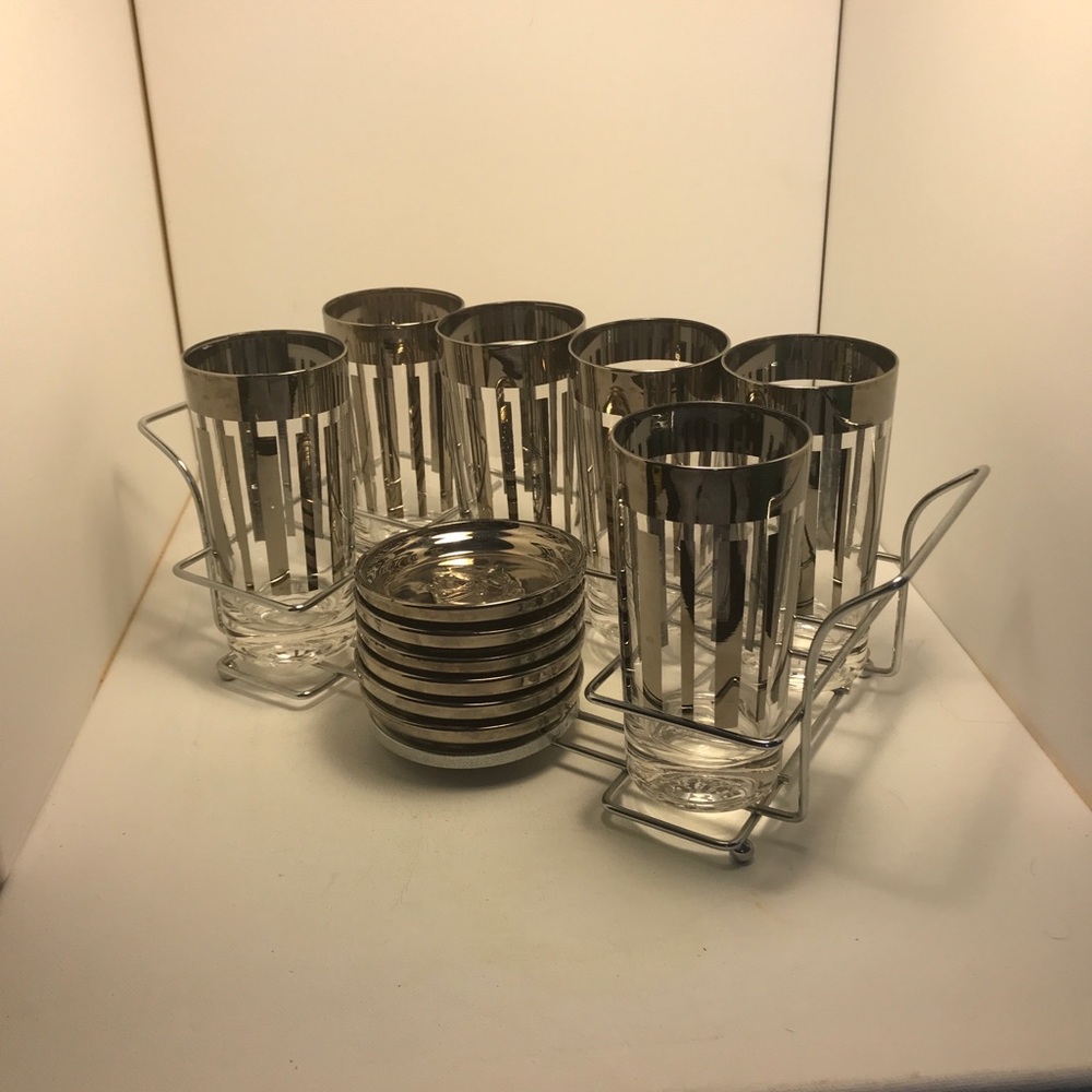 Vtg Dorothy Thorpe Platinum Rimmed Striped set of 6 glasses 6 coasters and caddy